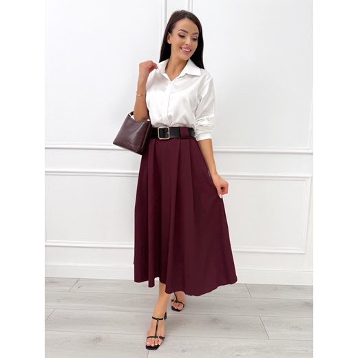 Burgundowa Rozkloszowana Spódnica Midi z Paskiem Modnakiecka.pl 40 ModnaKiecka.pl