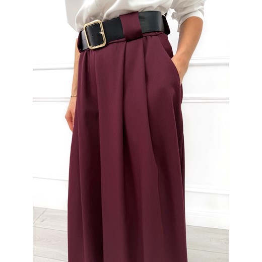 Burgundowa Rozkloszowana Spódnica Midi z Paskiem Modnakiecka.pl 46 ModnaKiecka.pl