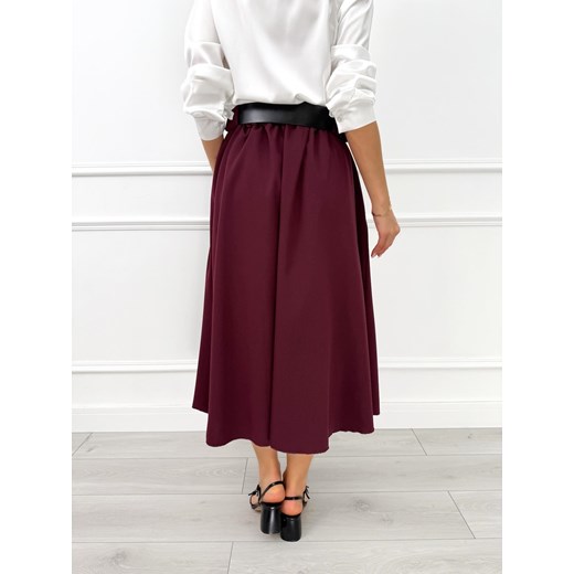 Burgundowa Rozkloszowana Spódnica Midi z Paskiem Modnakiecka.pl 46 ModnaKiecka.pl