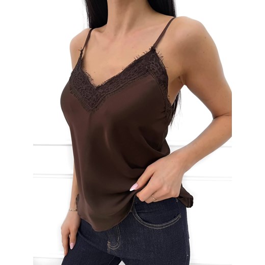 Czekoladowy Satynowy Top z Koronką ze sklepu ModnaKiecka.pl w kategorii Bluzki damskie - zdjęcie 187365822