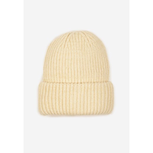 Beżowa Czapka Beanie z Wiskozą z Prążkowanego Materiału Ozdobiona Metaliczną Nicią Temitana ze sklepu renee.pl w kategorii Czapki zimowe damskie - zdjęcie 187366063