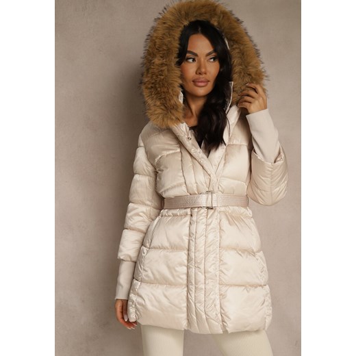 Beżowa Pikowana Kurtka z Paskiem i Kapturem z Futerkiem Lilittia Renee XL renee.pl