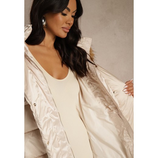 Beżowa Pikowana Kurtka z Paskiem i Kapturem z Futerkiem Lilittia Renee S renee.pl