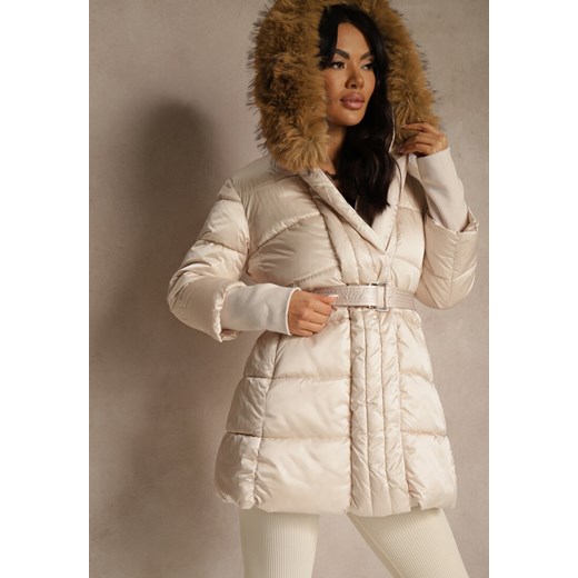 Beżowa Pikowana Kurtka z Paskiem i Kapturem z Futerkiem Lilittia ze sklepu renee.pl w kategorii Kurtki damskie - zdjęcie 187366074