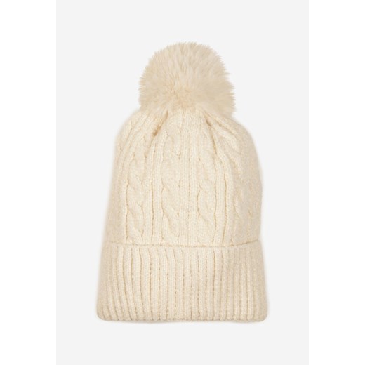 Beżowa Czapka z Pomponem Zdobiona Warkoczowym Splotem Emmirae ze sklepu born2be.pl w kategorii Czapki z daszkiem męskie - zdjęcie 187366103