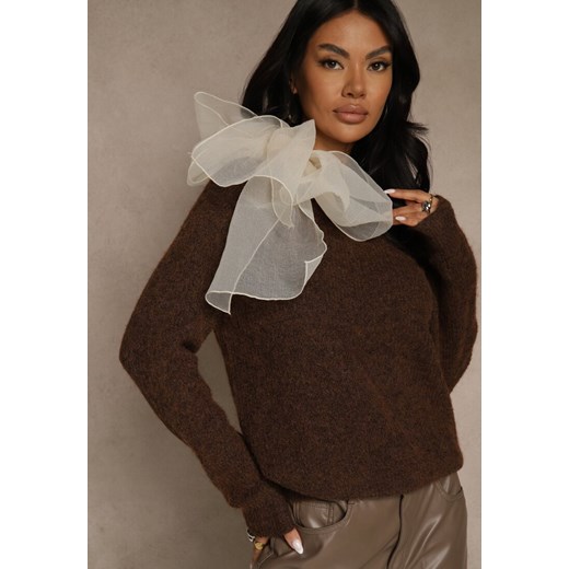 Brązowy Sweter z Dodatkiem Wełny Ozdobiony przy Szyi Wiązaniem Tusmele ze sklepu renee.pl w kategorii Swetry damskie - zdjęcie 187368312