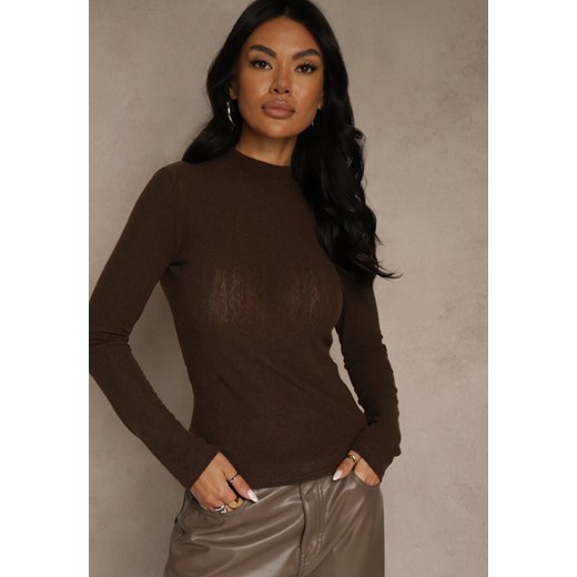 Brązowa Półtransparentna Bluzka Longsleeve ze Stójką z Dodatkiem Wiskozy Renee L renee.pl