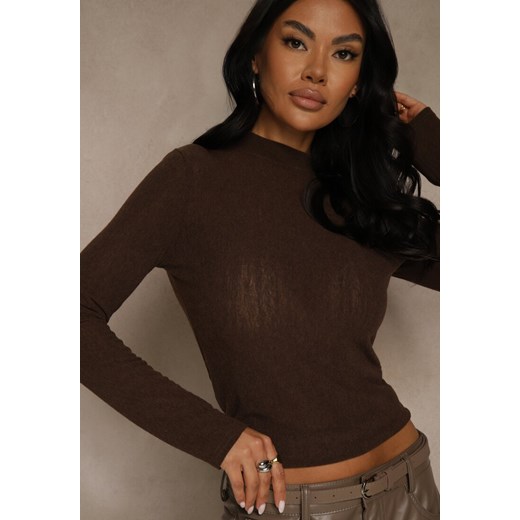 Brązowa Półtransparentna Bluzka Longsleeve ze Stójką z Dodatkiem Wiskozy Renee S renee.pl