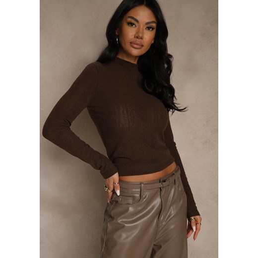 Brązowa Półtransparentna Bluzka Longsleeve ze Stójką z Dodatkiem Wiskozy Tusliana ze sklepu renee.pl w kategorii Bluzki damskie - zdjęcie 187368322