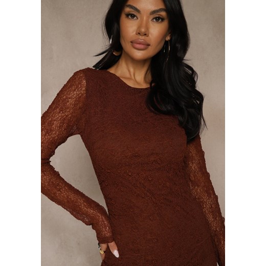 Brązowa Koronkowa Sukienka Typu Longsleeve o Dopasowanym Kroju Zenoresa Renee L renee.pl