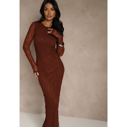 Brązowa Koronkowa Sukienka Typu Longsleeve o Dopasowanym Kroju Zenoresa ze sklepu renee.pl w kategorii Sukienki - zdjęcie 187368362