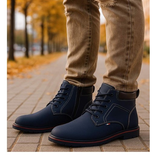 Ocieplane zimowe botki męskie Granatowe /D5-1 18458 T389/ ze sklepu Pantofelek24.pl w kategorii Buty trekkingowe męskie - zdjęcie 187368904