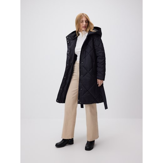 Reserved - Długa kurtka z wiązaniem - czarny ze sklepu Reserved w kategorii Płaszcze damskie - zdjęcie 187369962
