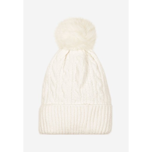 Jasnobeżowa Czapka z Pomponem Zdobiona Warkoczowym Splotem Emmirae ze sklepu born2be.pl w kategorii Czapki z daszkiem męskie - zdjęcie 187371231