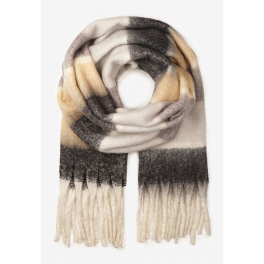 Szary Prostokątny Szalik w Szeroką Kratę z Frędzlami Vansile ze sklepu renee.pl w kategorii Szaliki i chusty damskie - zdjęcie 187371233