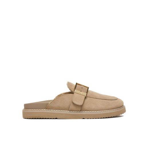 Tommy Hilfiger Klapki Th Buckle Fur Suede Mule FW0FW09083 Beżowy ze sklepu MODIVO w kategorii Klapki damskie - zdjęcie 187373910
