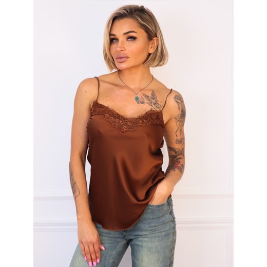 TOP SATYNOWY Z KORONKĄ NA RAMIĄCZKA-CZEKOLADOWY ze sklepu olika.com.pl w kategorii Bluzki damskie - zdjęcie 187374372