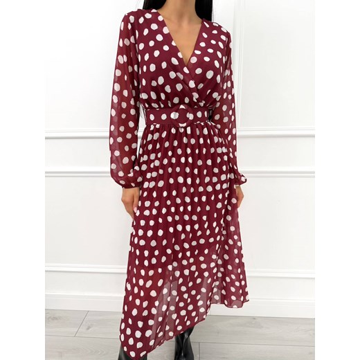 Bordowa Kopertowa Sukienka w Grochy ze sklepu ModnaKiecka.pl w kategorii Sukienki - zdjęcie 187374481