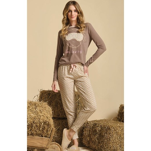 Długa piżama damska z owieczką i napisem brązowa DEBORAH, Kolor brązowo-beżowy, Rozmiar L, Sorbetto ze sklepu Intymna w kategorii Piżamy damskie - zdjęcie 187377913