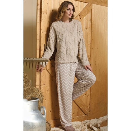 Ciepła piżama damska z pluszową bluzą beżowa SOFIE, Kolor beżowy-wzór, Rozmiar L, Sorbetto ze sklepu Intymna w kategorii Piżamy damskie - zdjęcie 187377942