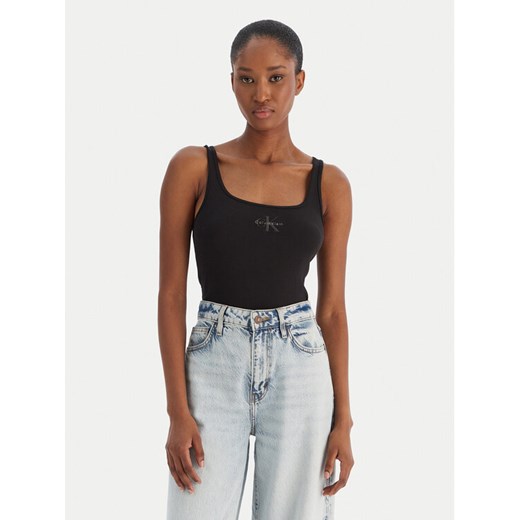 Calvin Klein Jeans Top Monologo Scoop Nk Rib LV047A804G Czarny Slim Fit ze sklepu MODIVO w kategorii Bluzki damskie - zdjęcie 187379462