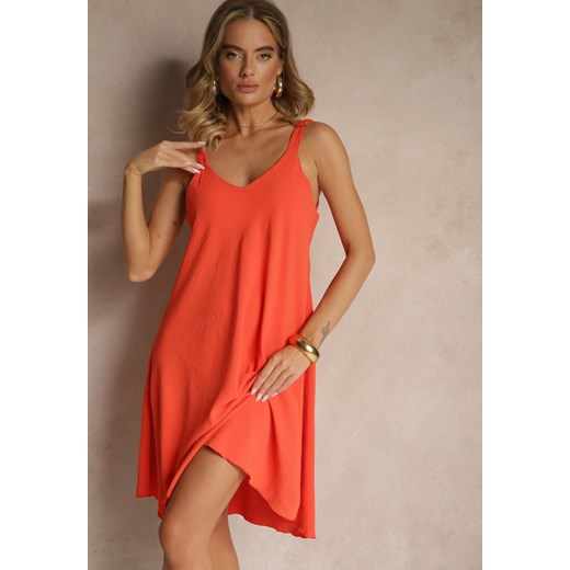 Czerwona Trapezowa Sukienka z Wiskozy na Ramiączkach z Dekoltem w Serek Folianne ze sklepu renee.pl w kategorii Sukienki - zdjęcie 187380132