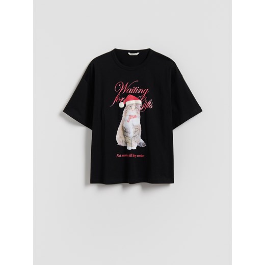 Reserved - Świąteczny t-shirt z nadrukiem - czarny ze sklepu Reserved w kategorii Bluzki dziewczęce - zdjęcie 187381182