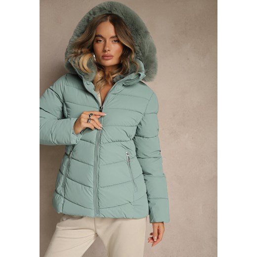 Jasnozielona Pikowana Kurtka o Taliowanym Kroju z Kapturem z Futerkiem Olidessa ze sklepu renee.pl w kategorii Kurtki damskie - zdjęcie 187381551