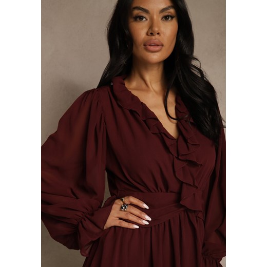 Bordowa Siateczkowa Sukienka o Rozkloszowanym Fasonie z Falbankami Zenniria Renee S renee.pl