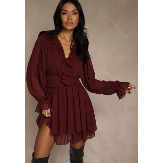 Bordowa Siateczkowa Sukienka o Rozkloszowanym Fasonie z Falbankami Zenniria ze sklepu renee.pl w kategorii Sukienki - zdjęcie 187381561
