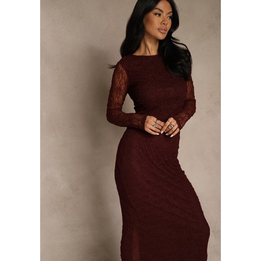 Bordowa Koronkowa Sukienka Typu Longsleeve o Dopasowanym Kroju Zenoresa Renee S renee.pl