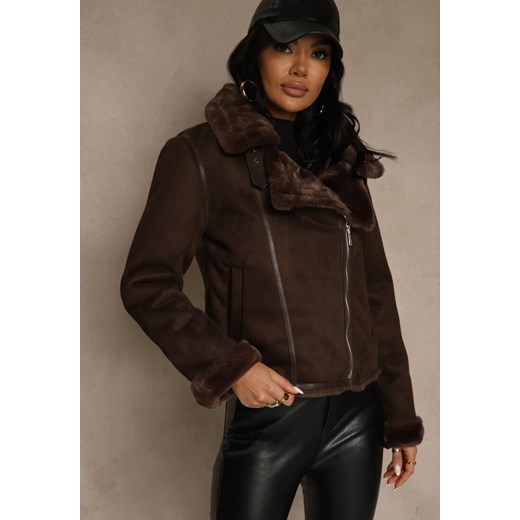 Brązowa Kurtka Biker z Imitacji Zamszu Zdobiona Futerkiem Awedora ze sklepu renee.pl w kategorii Futra damskie - zdjęcie 187381581