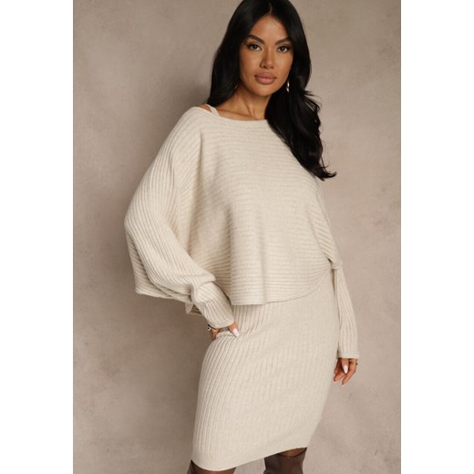Ciemnobeżowy Prążkowany Komplet z Dzianiny Sukienka Bodycon i Sweter Nietoperz Wediana ze sklepu renee.pl w kategorii Komplety i garnitury damskie - zdjęcie 187381591