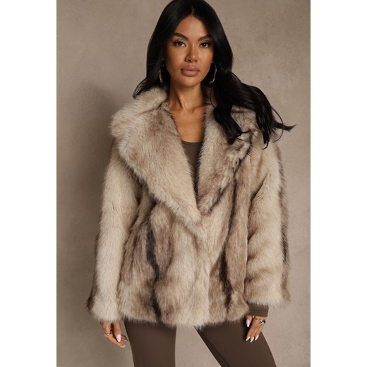 Szara Jednorzędowa Kurtka Futerko z Szerokim Kołnierzem Tesandra ze sklepu renee.pl w kategorii Futra damskie - zdjęcie 187381601