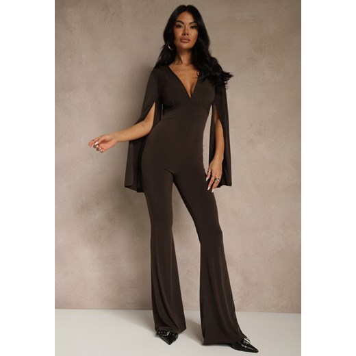 Brązowy Dopasowany Kombinezon z Rozkloszowanymi Rękawami i Głębokim Dekoltem Renee M renee.pl