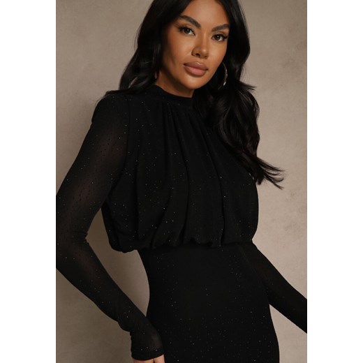 Czarna Cyrkoniowa Sukienka Longsleeve o Taliowanym Kroju z Bufiastą Górą Iwedesa Renee L renee.pl
