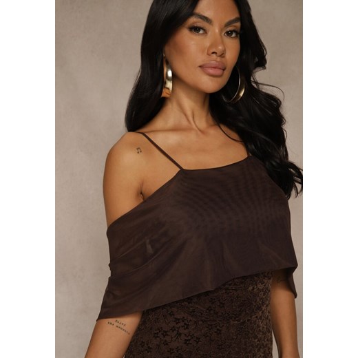 Brązowa Sukienka o Asymetrycznym Kroju Ozdobiona Falbaną Owedia Renee S renee.pl