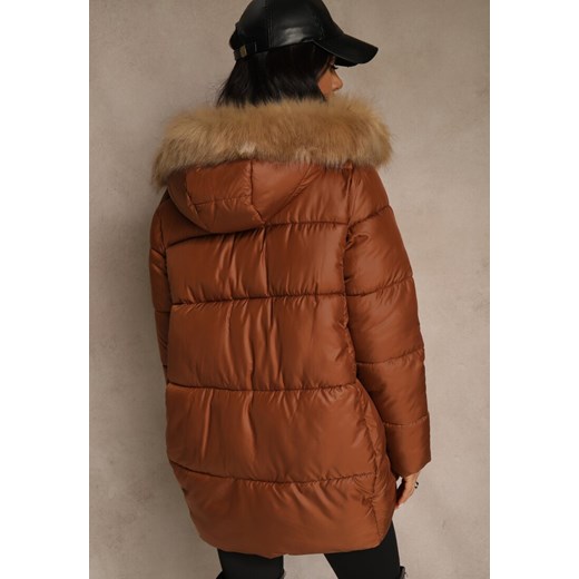 Brązowa Trapezowa Kurtka z Pikowanymi Przeszyciami i Kapturem z Odpinanym Futrem Renee S renee.pl