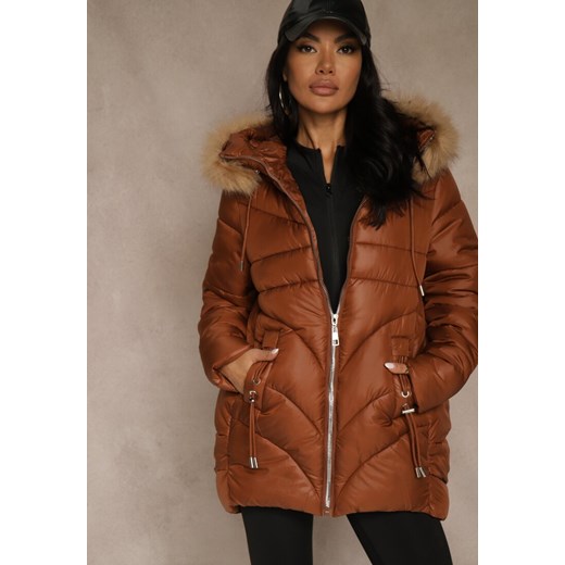 Brązowa Trapezowa Kurtka z Pikowanymi Przeszyciami i Kapturem z Odpinanym Futrem Renee XL renee.pl