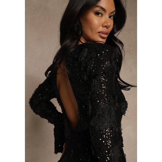 Czarna Dopasowana Sukienka Ozdobiona Cekinami i Kwiatami 3D Raweda Renee M renee.pl