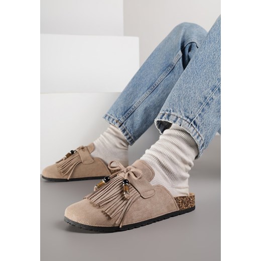 Ciemnobeżowe Boho Klapki Mule z Imitacji Zamszu z Frędzlami i Koralikami Elwedila ze sklepu renee.pl w kategorii Klapki damskie - zdjęcie 187384614