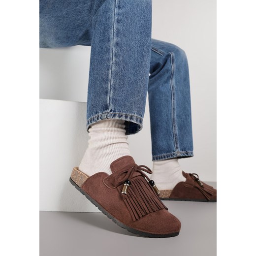 Brązowe Boho Klapki Mule z Imitacji Zamszu z Frędzlami i Koralikami Elwedila ze sklepu renee.pl w kategorii Klapki damskie - zdjęcie 187384621