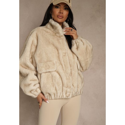 Beżowa Futrzana Kurtka Bomberka z Kieszeniami Tiwedela Renee M renee.pl