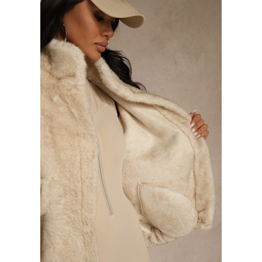Beżowa Futrzana Kurtka Bomberka z Kieszeniami Tiwedela Renee S renee.pl