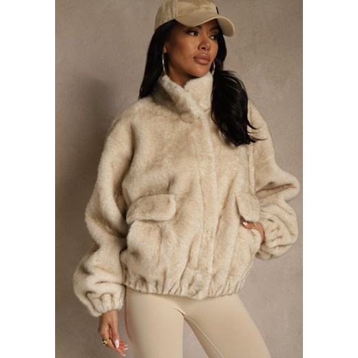Beżowa Futrzana Kurtka Bomberka z Kieszeniami Tiwedela Renee L renee.pl