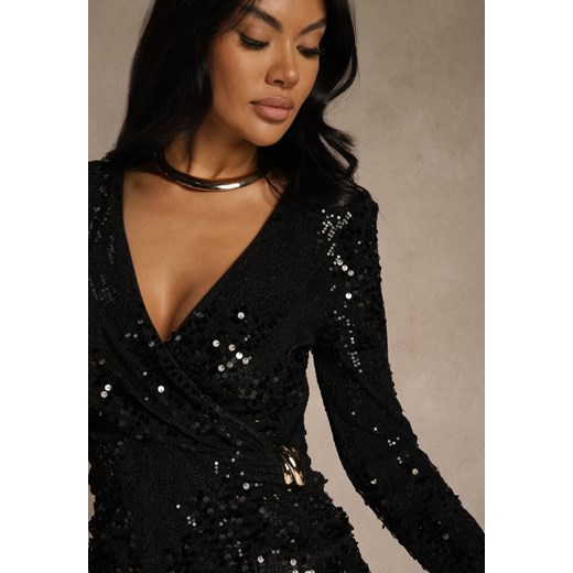 Czarna Cekinowa Sukienka Longsleeve o Dopasowanym Kroju z Dekoltem V Loweda Renee M renee.pl