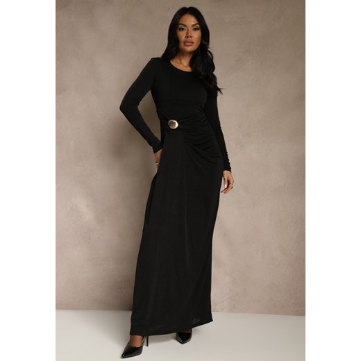 Czarna Marszczona Sukienka Longsleeve Zdobiona Aplikacją w Talii Siweda ze sklepu renee.pl w kategorii Sukienki - zdjęcie 187385892