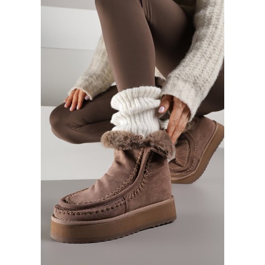 Ciemnobeżowe Śniegowce Ozdobione Haftem Rawedena ze sklepu renee.pl w kategorii Śniegowce damskie - zdjęcie 187385934