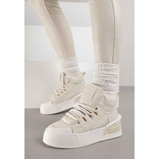 Beżowe Ocieplane Sneakersy na Grubej Podeszwie z Tłoczonym Wzorem Anweda ze sklepu born2be.pl w kategorii Buty sportowe damskie - zdjęcie 187386403