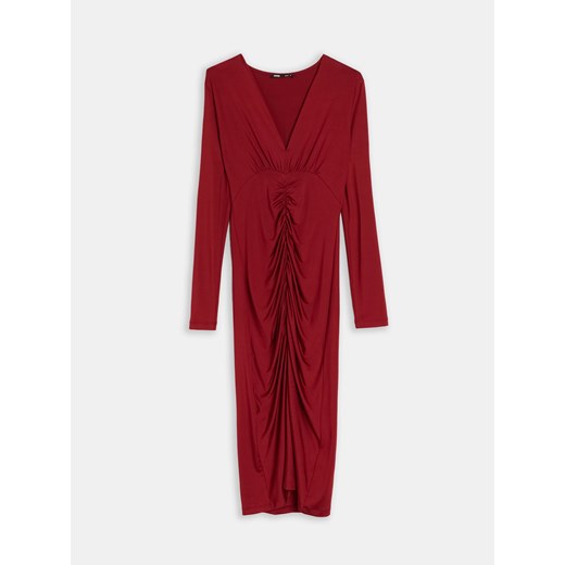 Sinsay - Sukienka midi z ozdobnym drapowaniem z przodu - czerwony Sinsay L Sinsay